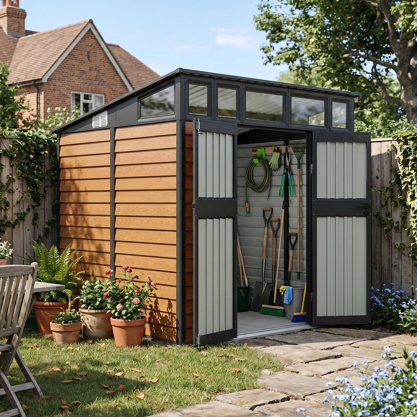 8x7FT Metal Garden Tool Storage Shed with Lockable Double Doors